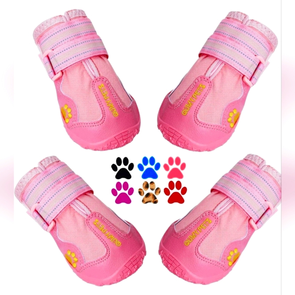 QUMY Pink Dog Winter Snow Rain Heat Paw Protector Shoes Boots S 5 (40-55lbs) NWB